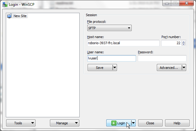 WinSCP login to roborio